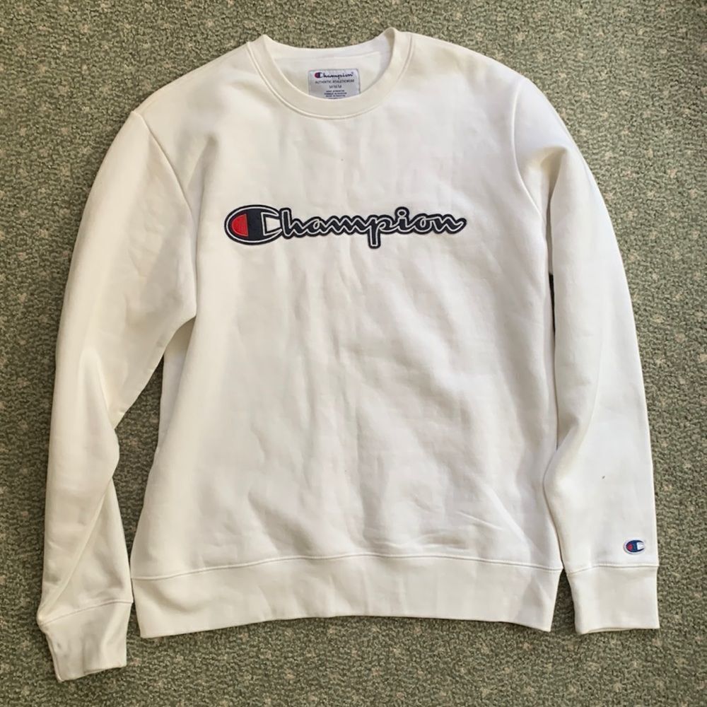 Champion Mens Script Logo Crewneck Sweatshirt White Medium‎ Pullover
